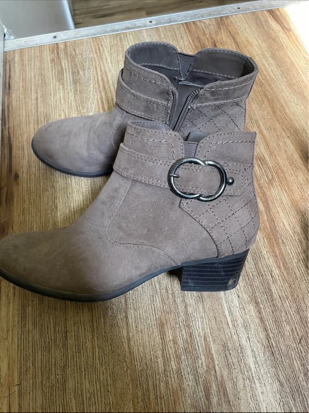 Women's Taupe Suede Ankle Boots with Decorative Buckle